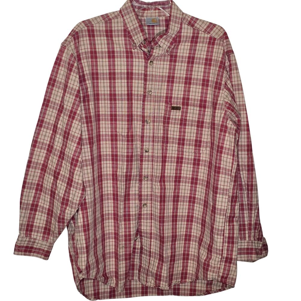 Carhartt Tan & Red Plaid Long Sleeve Button down Shirt, Men's XL Leather Accent